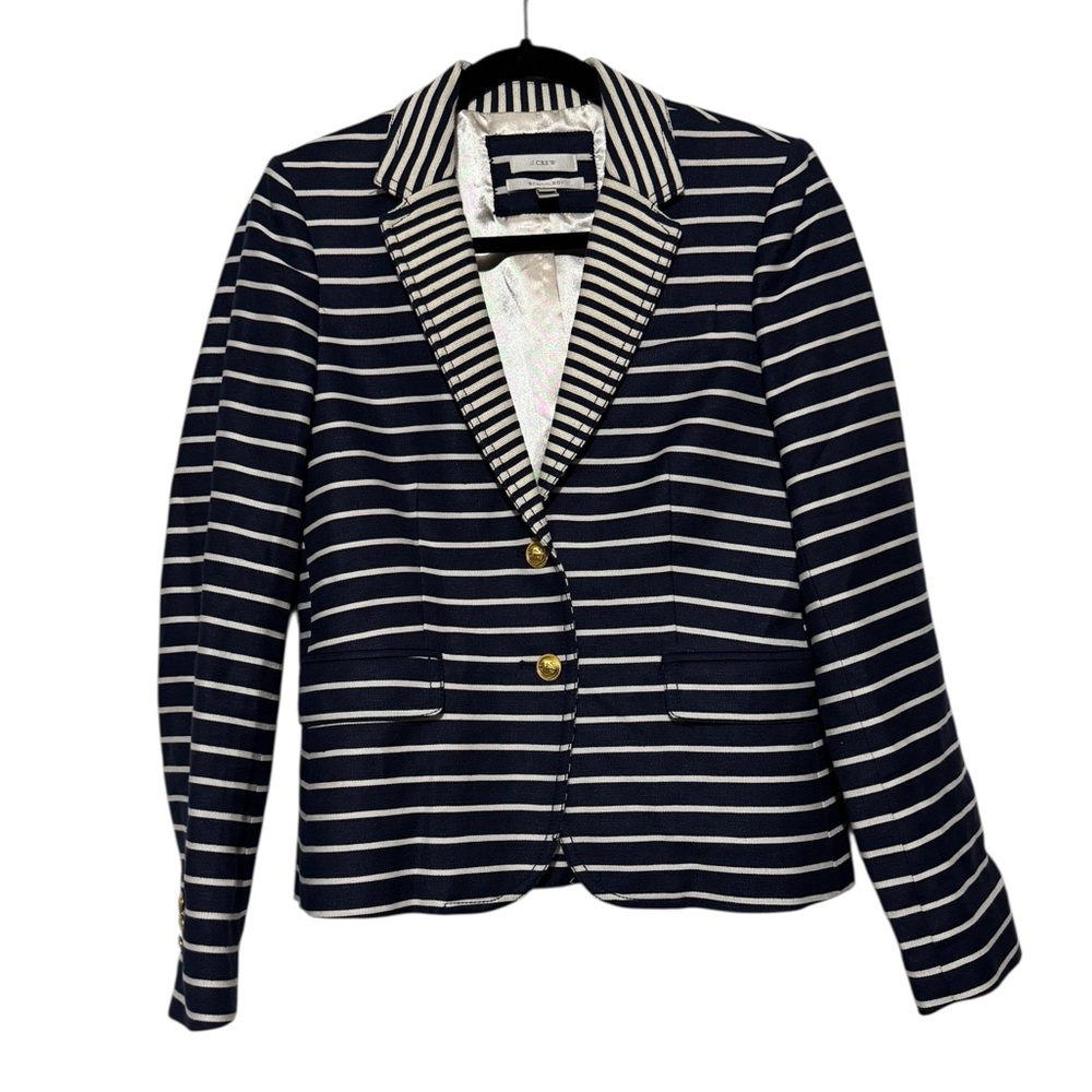 J Crew Schoolboy Blazer Blue‎ White Stripe Linen Cotton Blend Nautical Sailor 8